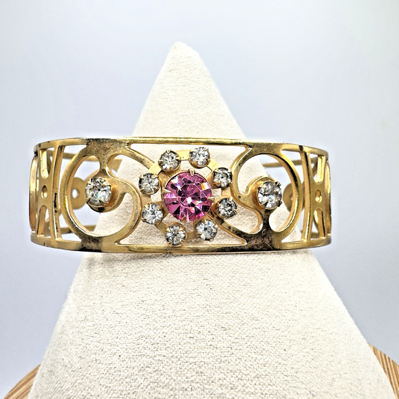 Vintage Rhinestone Cuff Bracelet Pink Clear Gold Tone 6.5" Adjustable - Picture 2 of 6